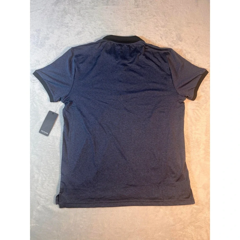 True Religion Polo Shirt Mens Short Sleeve Heathered Blue Black Logo Casual‎